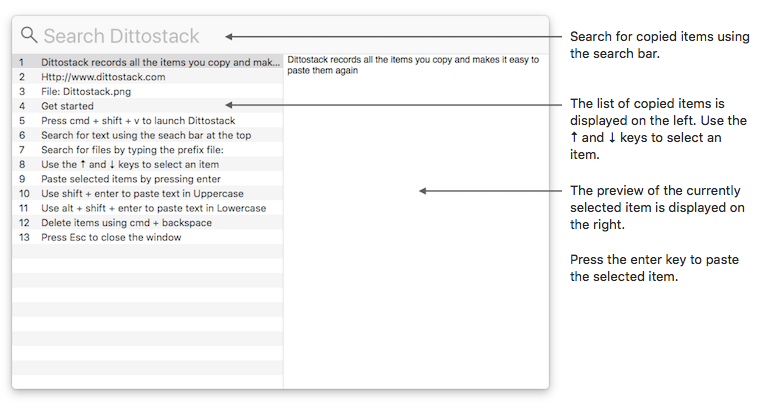 Dittostack screen with help text describing layout